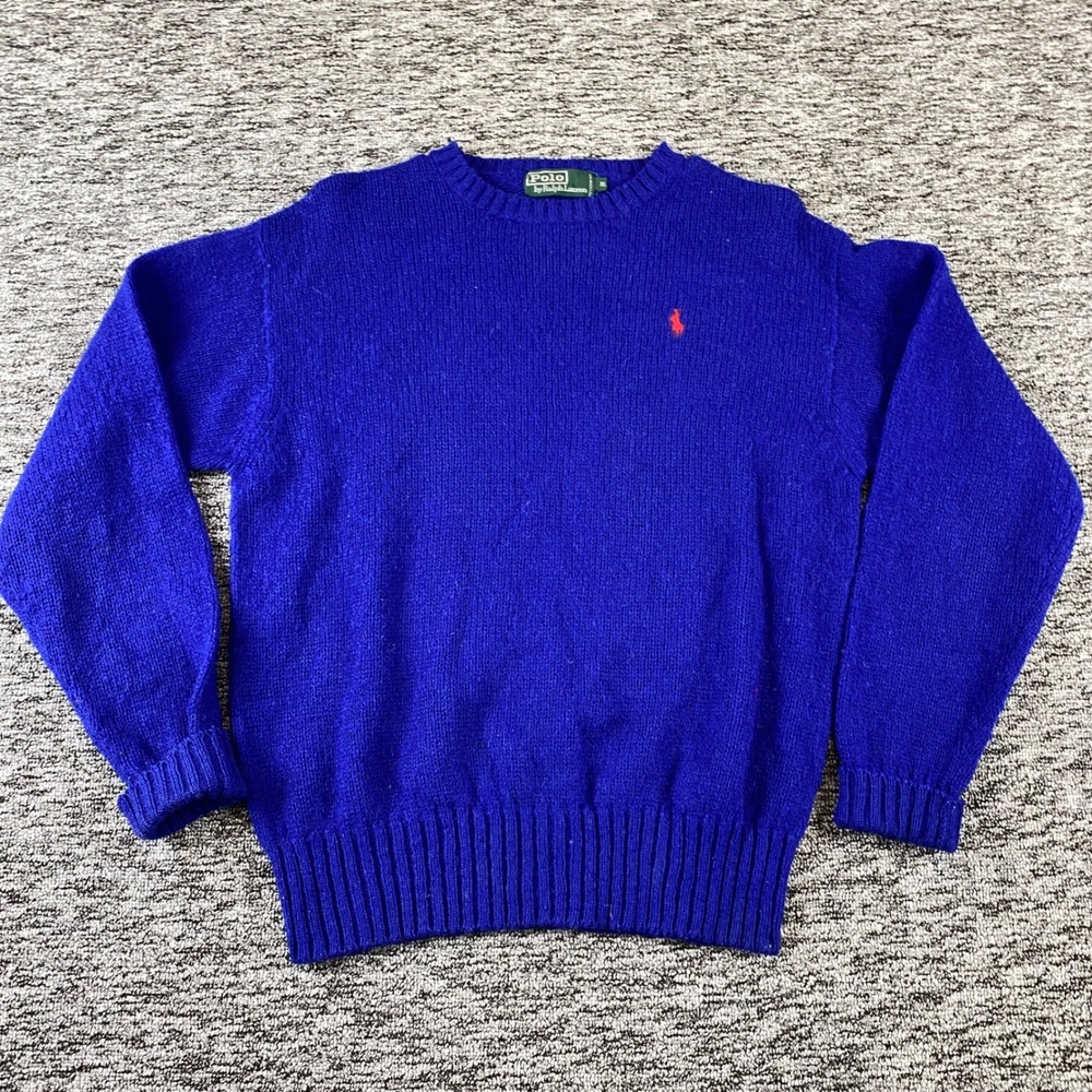Vintage Polo Ralph Lauren Mens XL Blue 100 Wool Crewneck Sweater Pony
